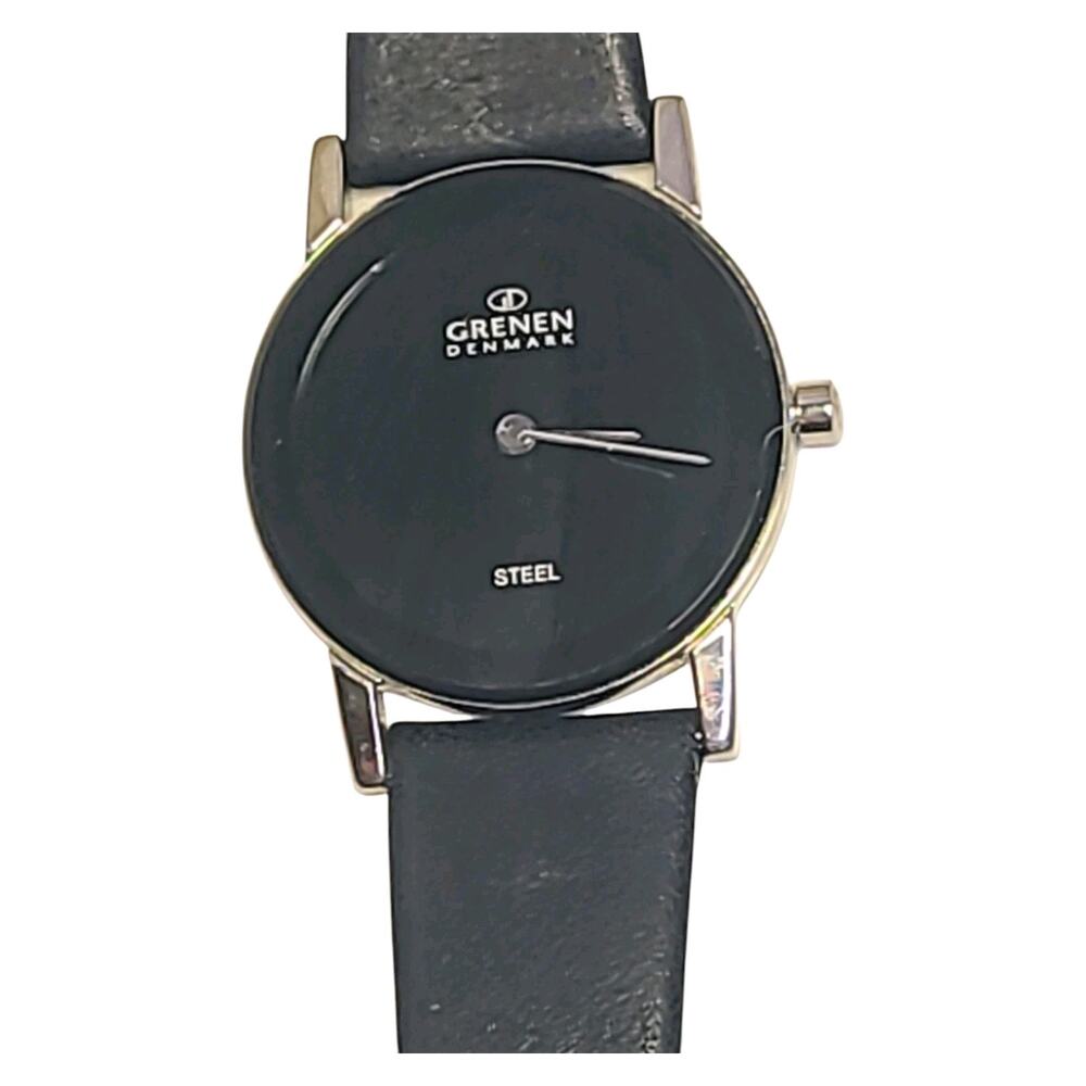 Grenen Denmark Ladies Black & Steel Wristwatch L-22SSLBB-Leather‎ *Needs Battery